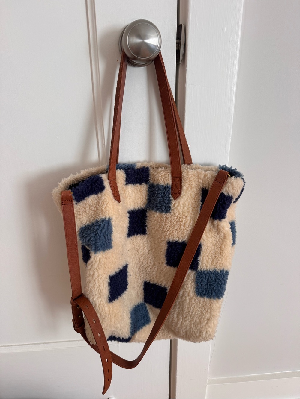 Madewell Cream Sherpa Tote with Navy and Denim Blue Patchwork and Brown Straps